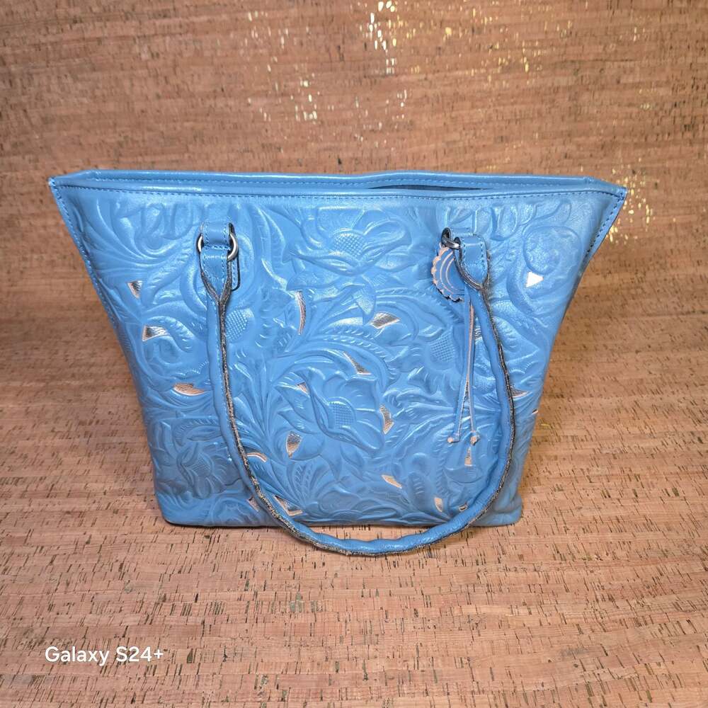 Patricia Nash Blue Tooled Leather Floral Renaissance Tote Bag